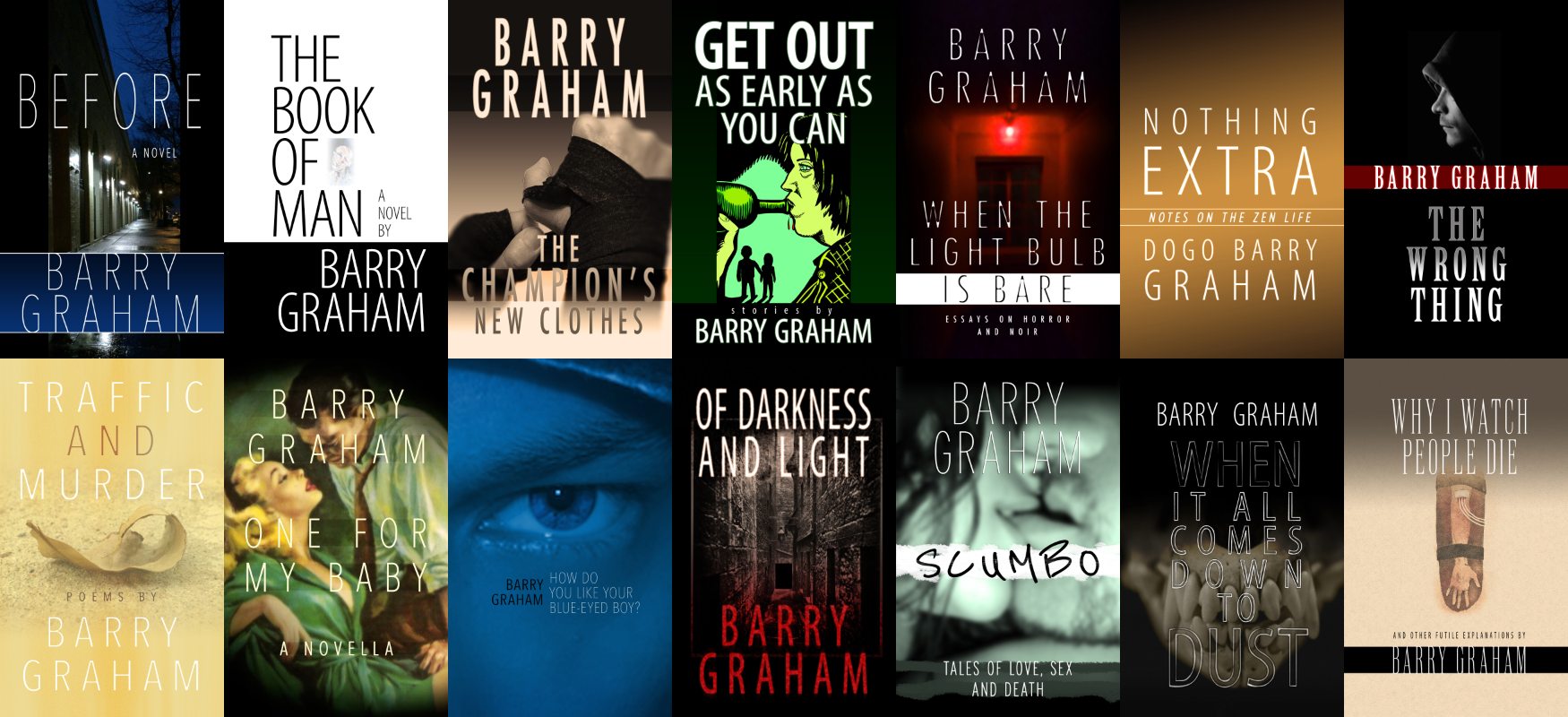 collage of book cover art of fourteen of Barry Graham's books.